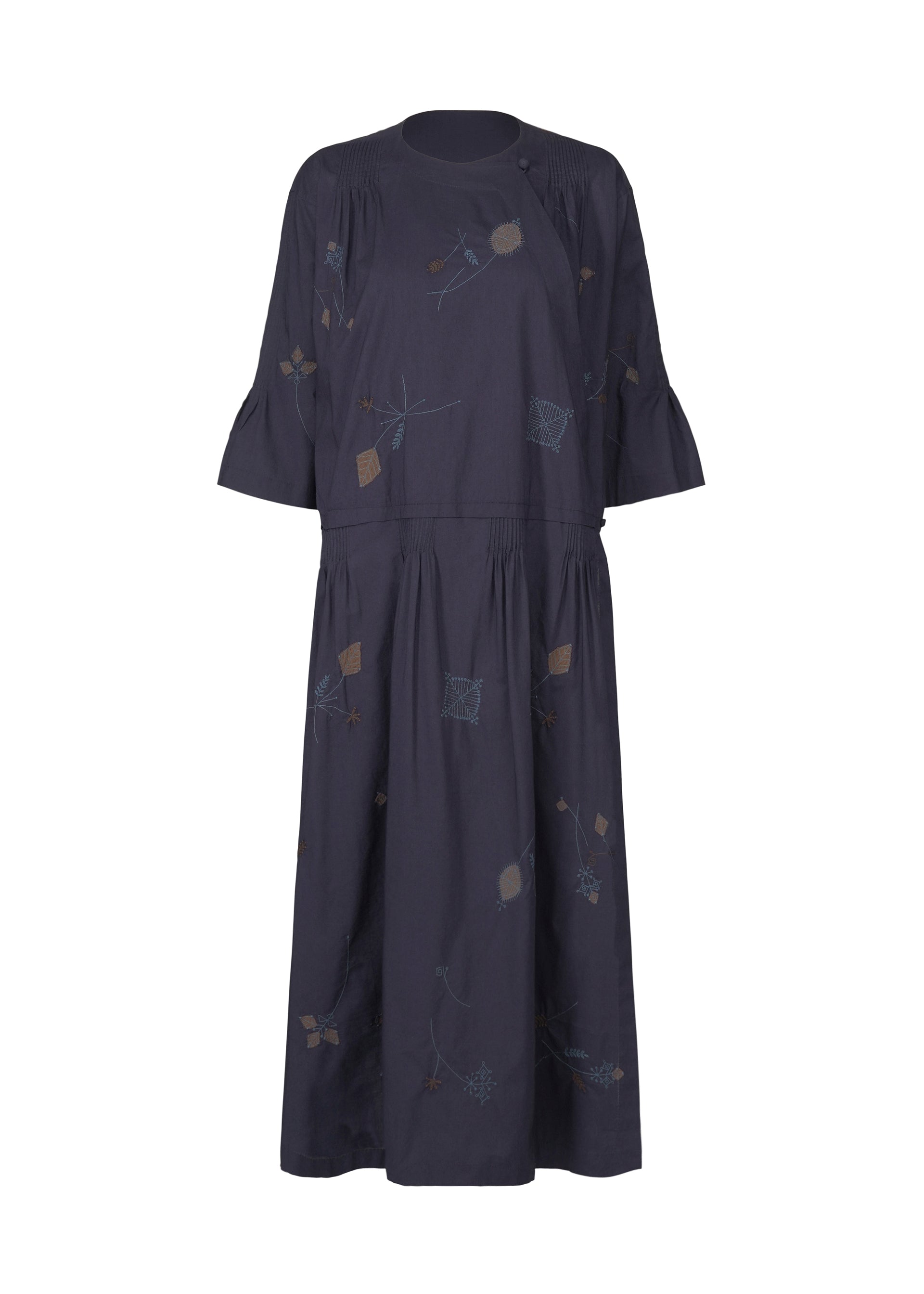 Zoomed view The DAMI LEAVES dress by HaaT is a navy blue, knee-length handmade Indian outfit with half sleeves and subtle Chikan embroidery in muted geometric patterns, showcased against a plain white background. - INDIGO （no.78）