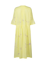 The DAMI LEAVES dress by HaaT is a light yellow, knee-length handmade Indian garment with short sleeves and subtle Chikan embroidery, shown from the back against a white background.