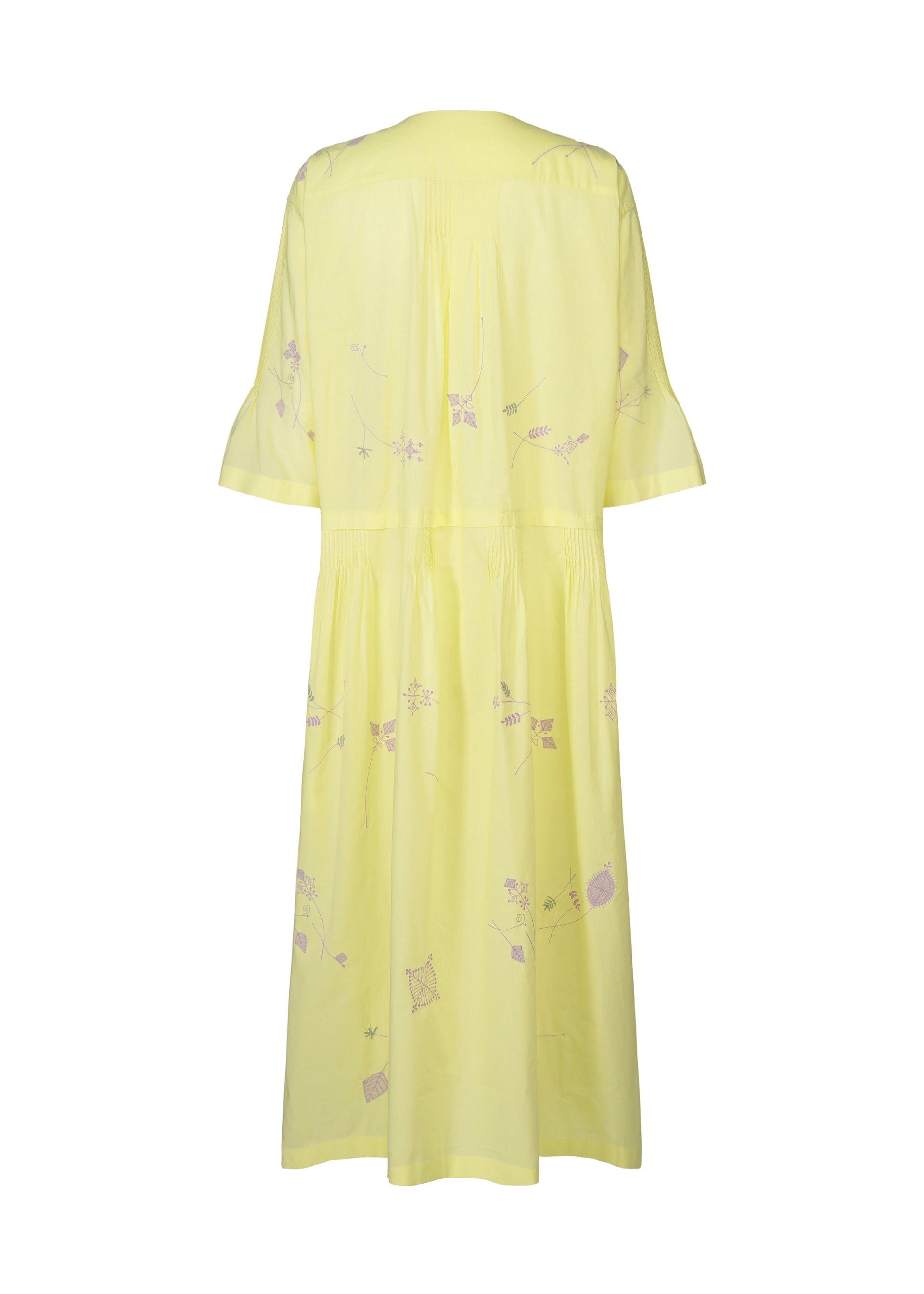 Zoomed view The DAMI LEAVES dress by HaaT is a light yellow, knee-length handmade Indian garment with short sleeves and subtle Chikan embroidery, shown from the back against a white background.