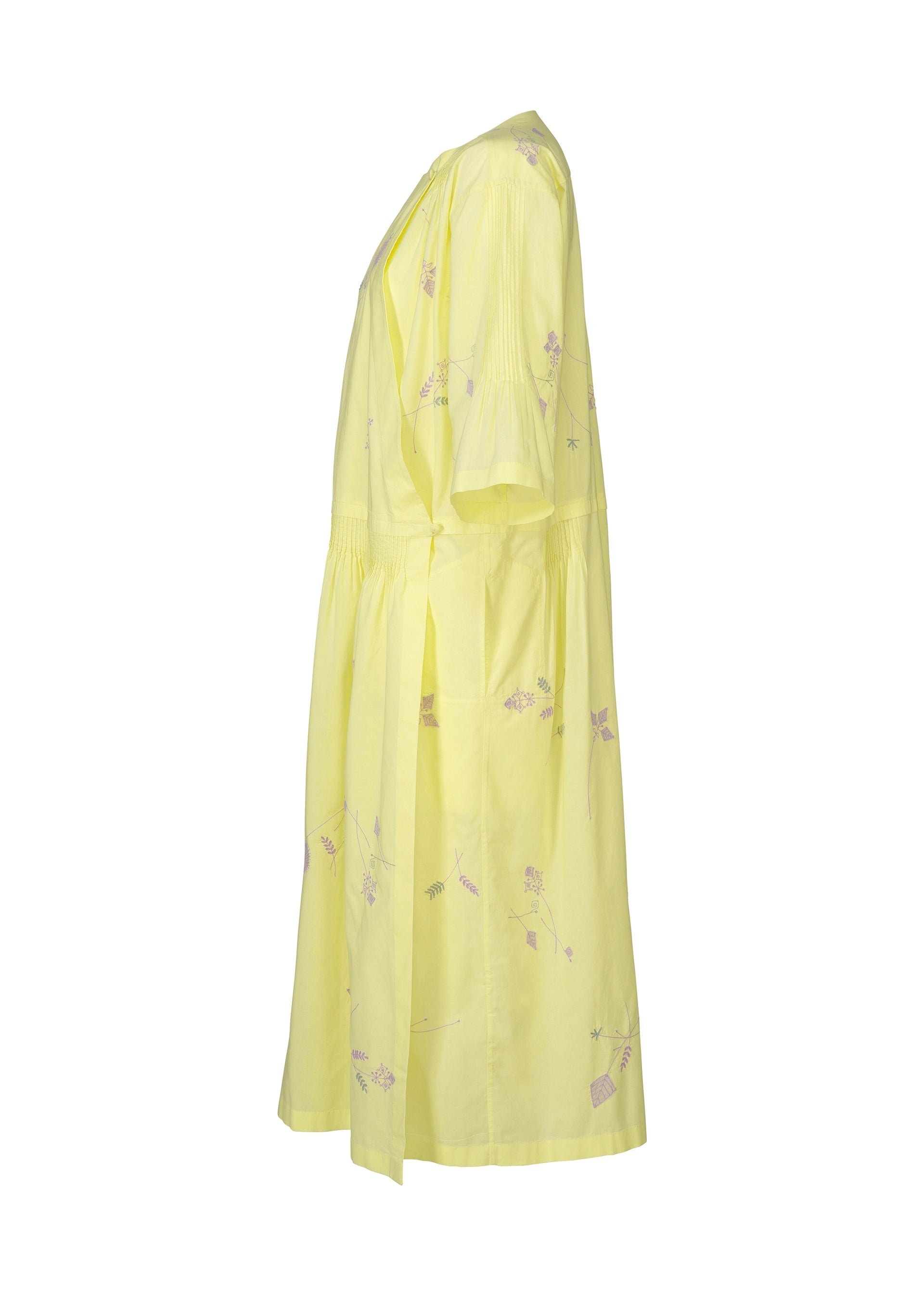 Zoomed view Side view of DAMI LEAVES by HaaT—a light yellow, knee-length, short-sleeve dress featuring a loose fit, tied waist belt, and subtle Chikan embroidery for delicate artisanal detail.