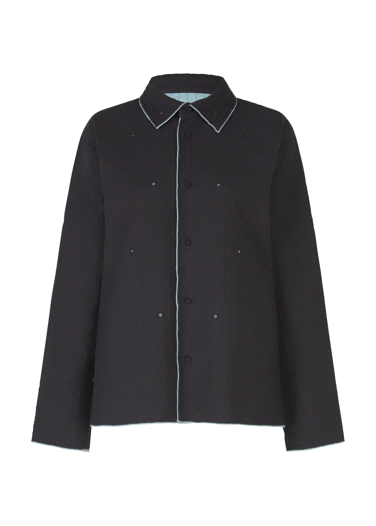 The HaaT DUAL LAYER is a black, relaxed-fit long-sleeve button-up shirt with a collar, light blue piping on the edges and button panel, subtly textured fabric, and fine Indian embroidery for a unique accent. view 1 of 8