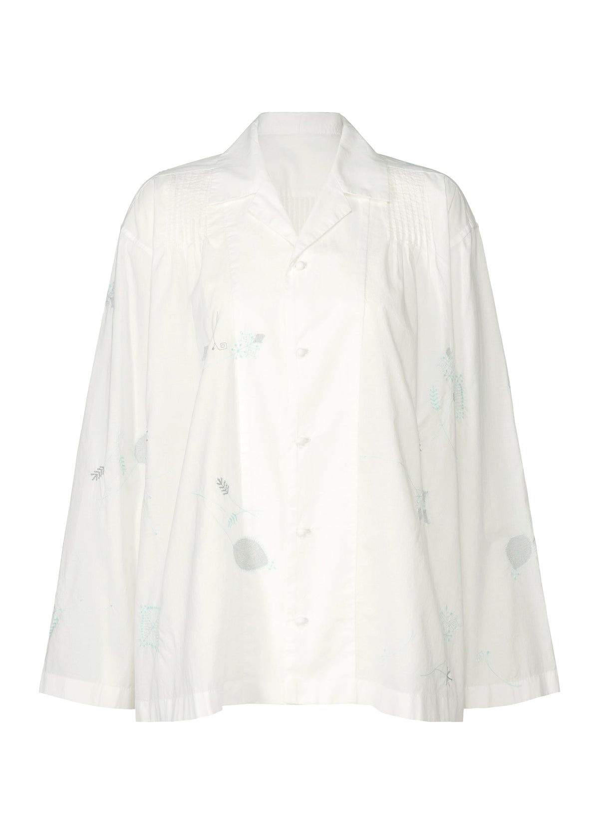 The HaaT DAMI LEAVES is a loose-fitting, long-sleeve white button-up shirt featuring subtle light blue Chikan embroidery and a notched collar, shown on a plain white background. view 1 of 10