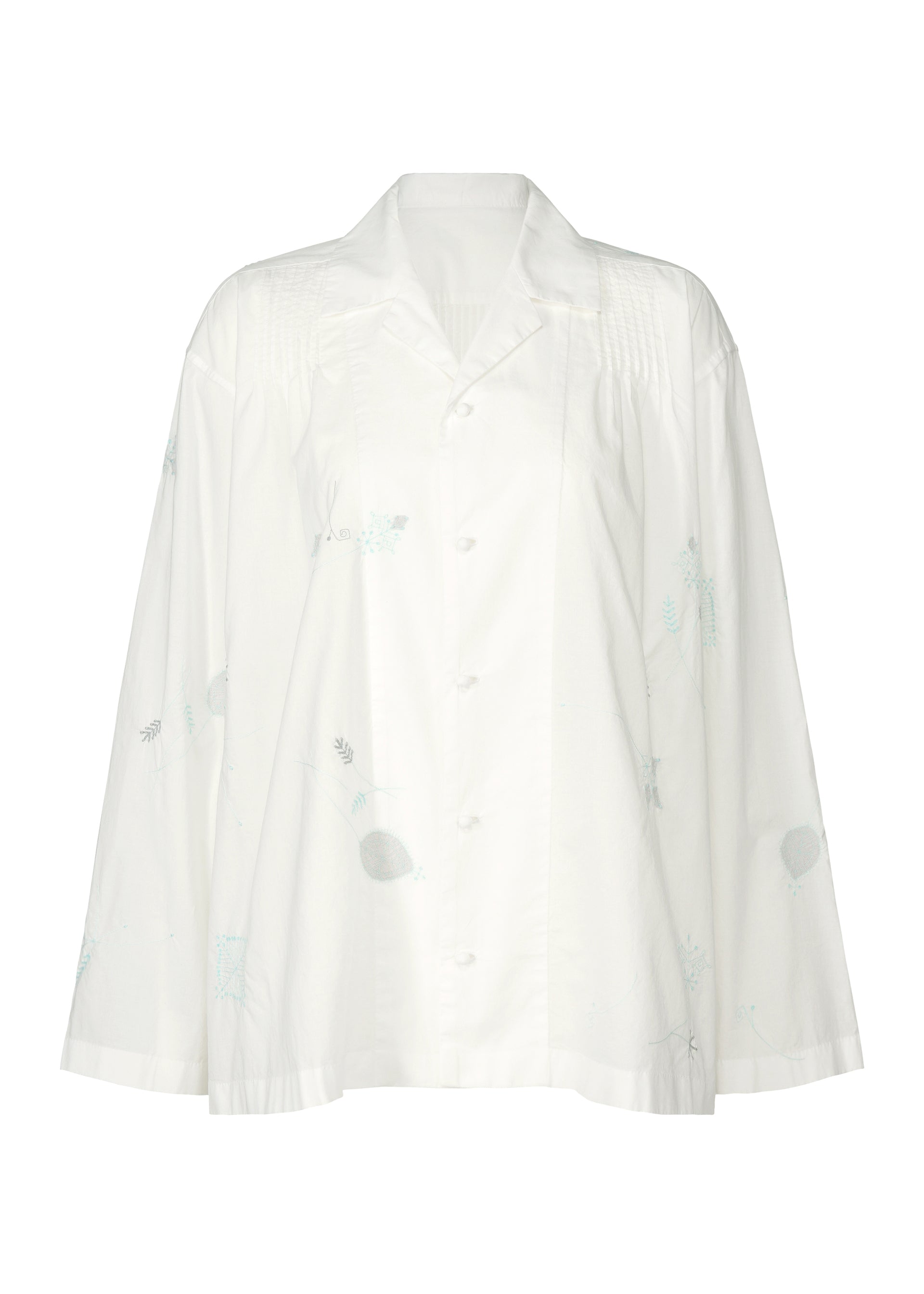 Zoomed view The HaaT DAMI LEAVES is a loose-fitting, long-sleeve white button-up shirt featuring subtle light blue Chikan embroidery and a notched collar, shown on a plain white background. - WHITE （no.01）