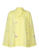 The HaaT DAMI LEAVES is a loose-fitting, long-sleeve yellow collared button-up shirt, adorned with light purple floral and Chikan embroidery across the front and sleeves. - LEMON （no.54）