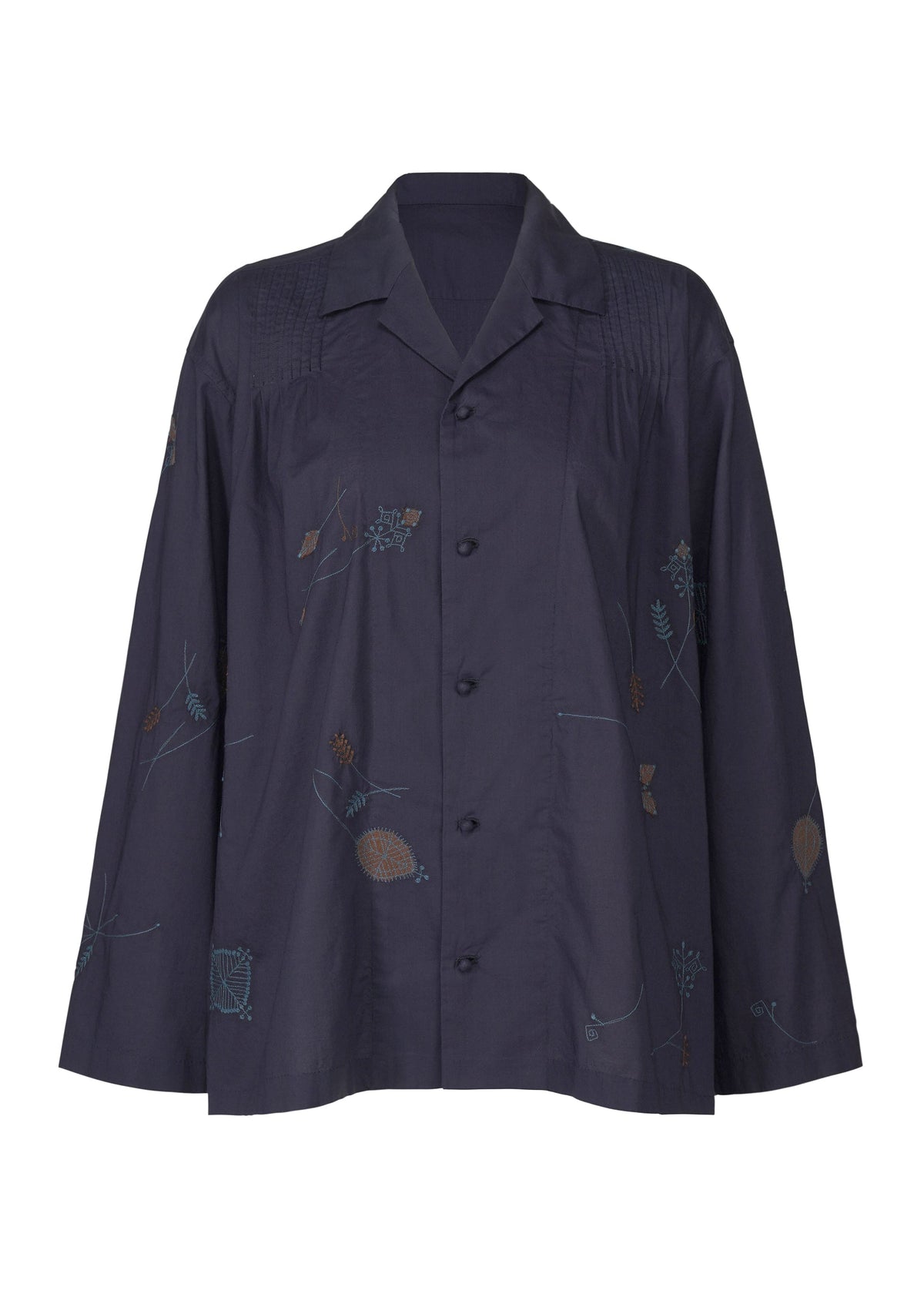 The DAMI LEAVES shirt by HaaT is a loose-fitting, long-sleeved navy top with a collar, button-down front, and delicate multi-color Bhill embroidery throughout the fabric. view 3 of 10