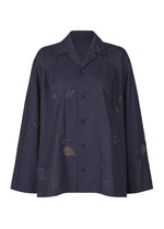 The DAMI LEAVES shirt by HaaT is a loose-fitting, long-sleeved navy top with a collar, button-down front, and delicate multi-color Bhill embroidery throughout the fabric. - INDIGO （no.78）