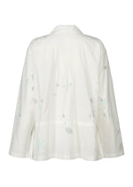 Back view of the HaaT DAMI LEAVES shirt, a loose-fitting long-sleeve white top with subtle light blue and gray Chikan embroidery patterns and pleated detailing near the upper back.
