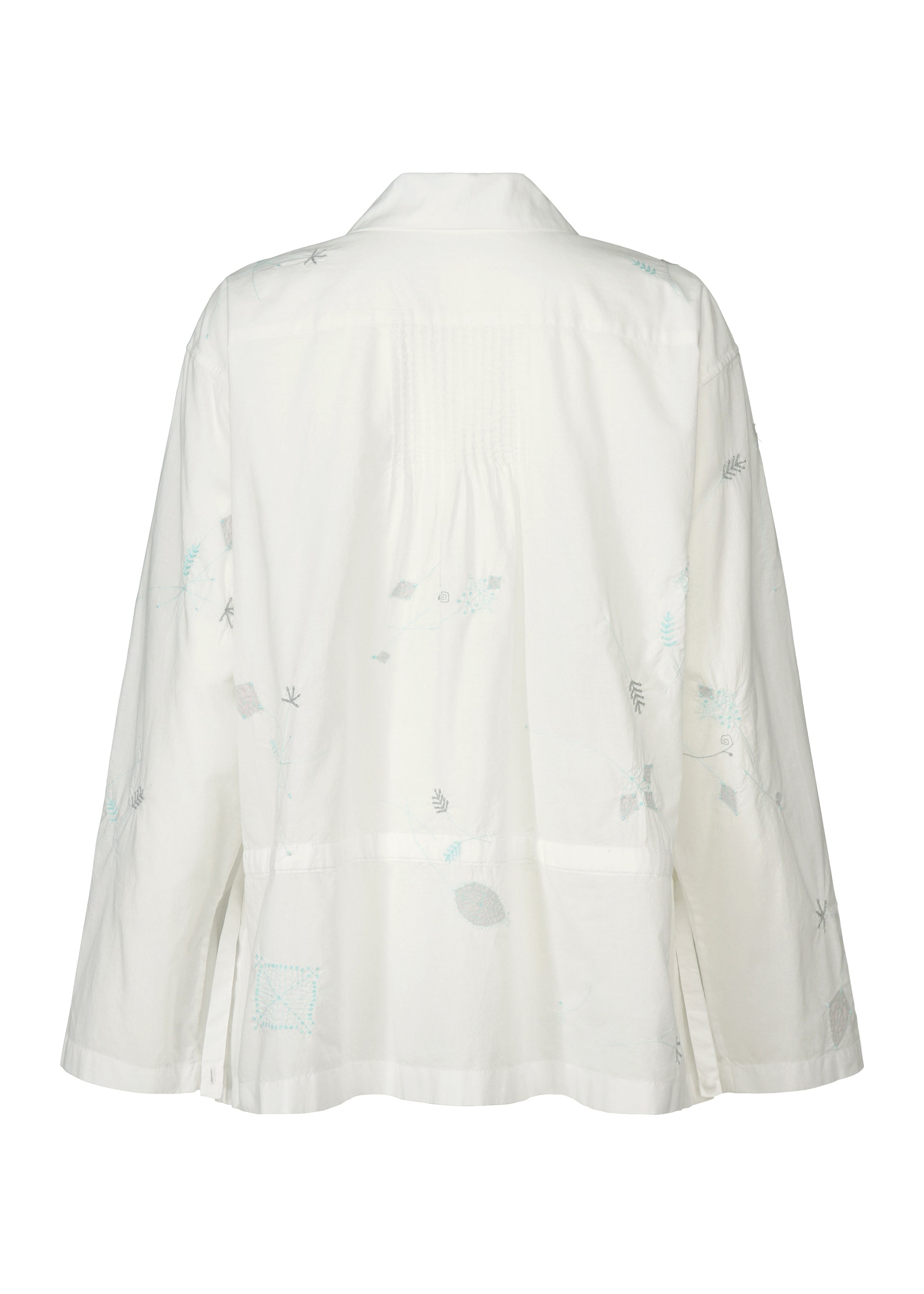 Zoomed view Back view of the HaaT DAMI LEAVES shirt, a loose-fitting long-sleeve white top with subtle light blue and gray Chikan embroidery patterns and pleated detailing near the upper back.
