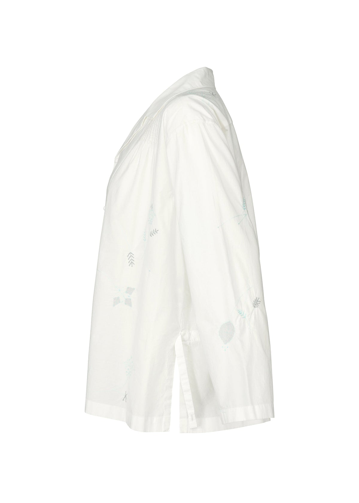 Side view of the white DAMI LEAVES long-sleeve shirt by HaaT, with a collar, light blue Chikan embroidery, and side slit at the hem, photographed against a plain white background. view 5 of 10