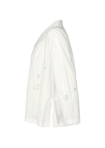Side view of the white DAMI LEAVES long-sleeve shirt by HaaT, with a collar, light blue Chikan embroidery, and side slit at the hem, photographed against a plain white background.