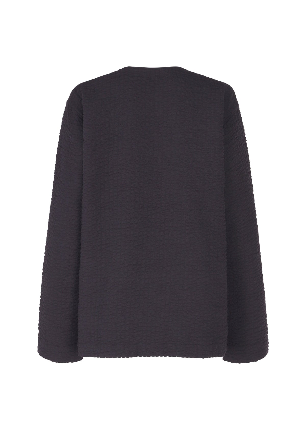 The HaaT 3 MUL MACHINE KABIRA '26SS jacket is a plain black, long-sleeve textured piece with a straight cut and no visible fastenings, inspired by the timeless simplicity of a collarless shirt. Shown from the back. view 3 of 9