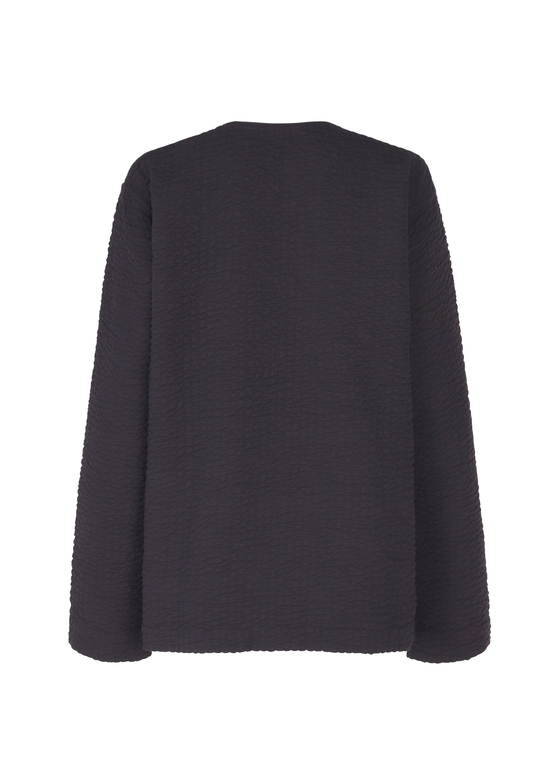 Zoomed view The HaaT 3 MUL MACHINE KABIRA '26SS jacket is a plain black, long-sleeve textured piece with a straight cut and no visible fastenings, inspired by the timeless simplicity of a collarless shirt. Shown from the back.