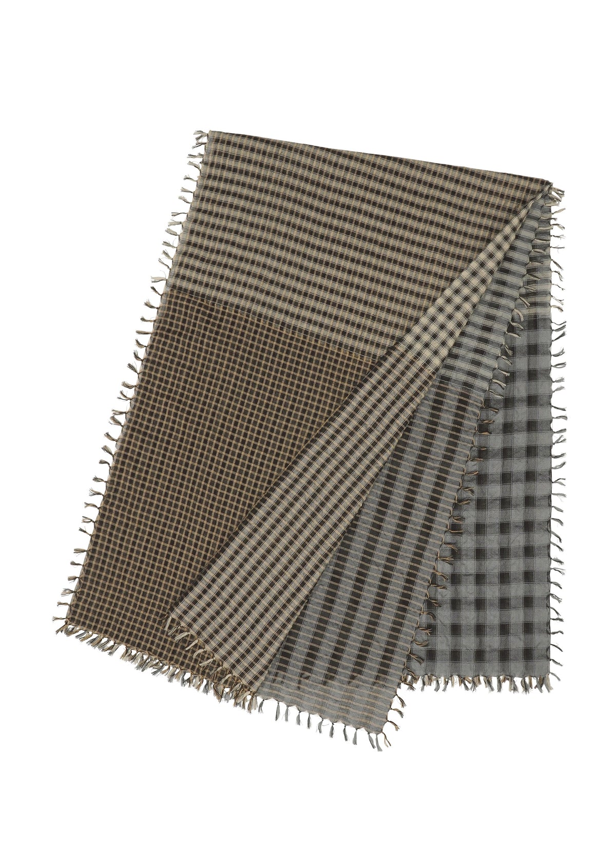 Zoomed view The TRIPLY SQUARE STOLE by HaaT is a silk-wool accessory featuring small checkered patterns in brown, beige, and gray with hand-finished fringed edges and elegant tassels. - MONOCHROME （no.19）