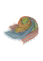 The TRIPLY SQUARE STOLE by HaaT is a lightweight silk-wool scarf with vibrant blue, green, and orange checks, hand-finished fringe, and shown rolled up on a white background.