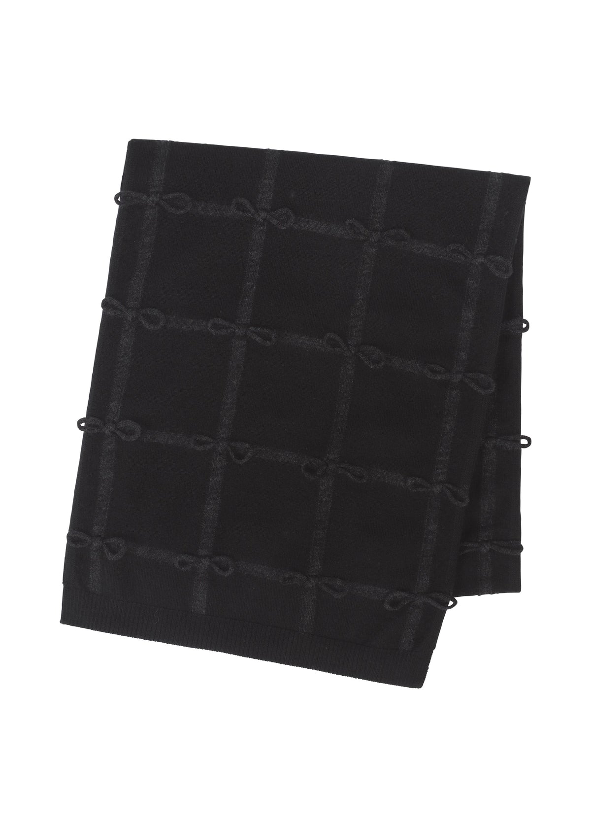 Zoomed view The HaaT RIBBON KNIT is a folded black fulled wool stole with a subtle grid pattern and small hand-tied ribbons at each intersection, shown on a white background. - BLACK （no.15）