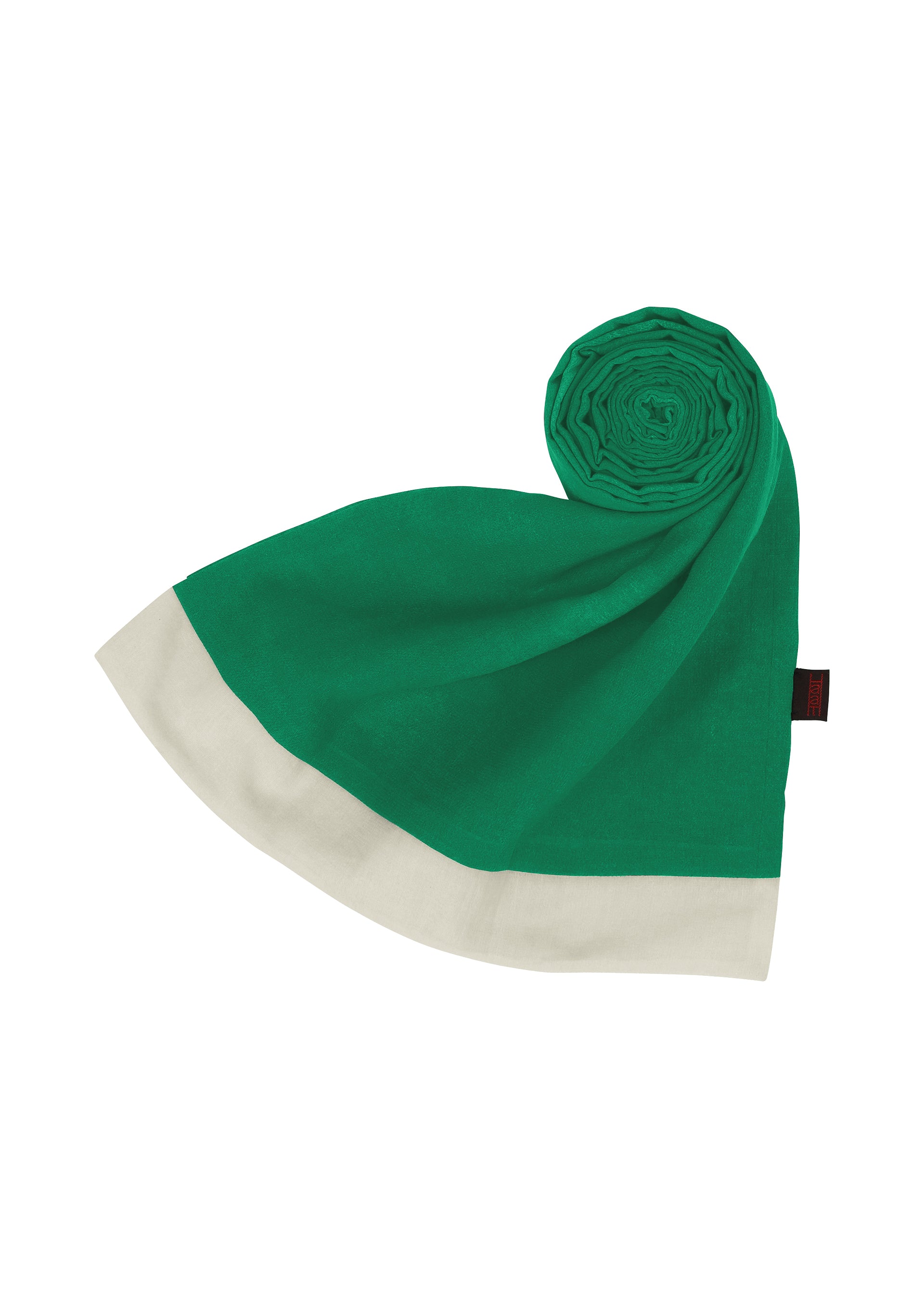 Zoomed view The HaaT WALL WHITE HEM is a green chiffon stole featuring a wide white border on one end, partially rolled into a spiral and displayed on a white background.