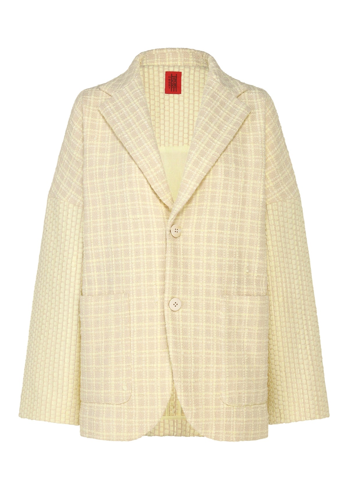 The SAKIORI by HaaT is a cream and yellow plaid textured blazer with a notched collar, two buttons, large front pockets, and waffle-patterned sleeves for a gender-neutral style. view 1 of 10