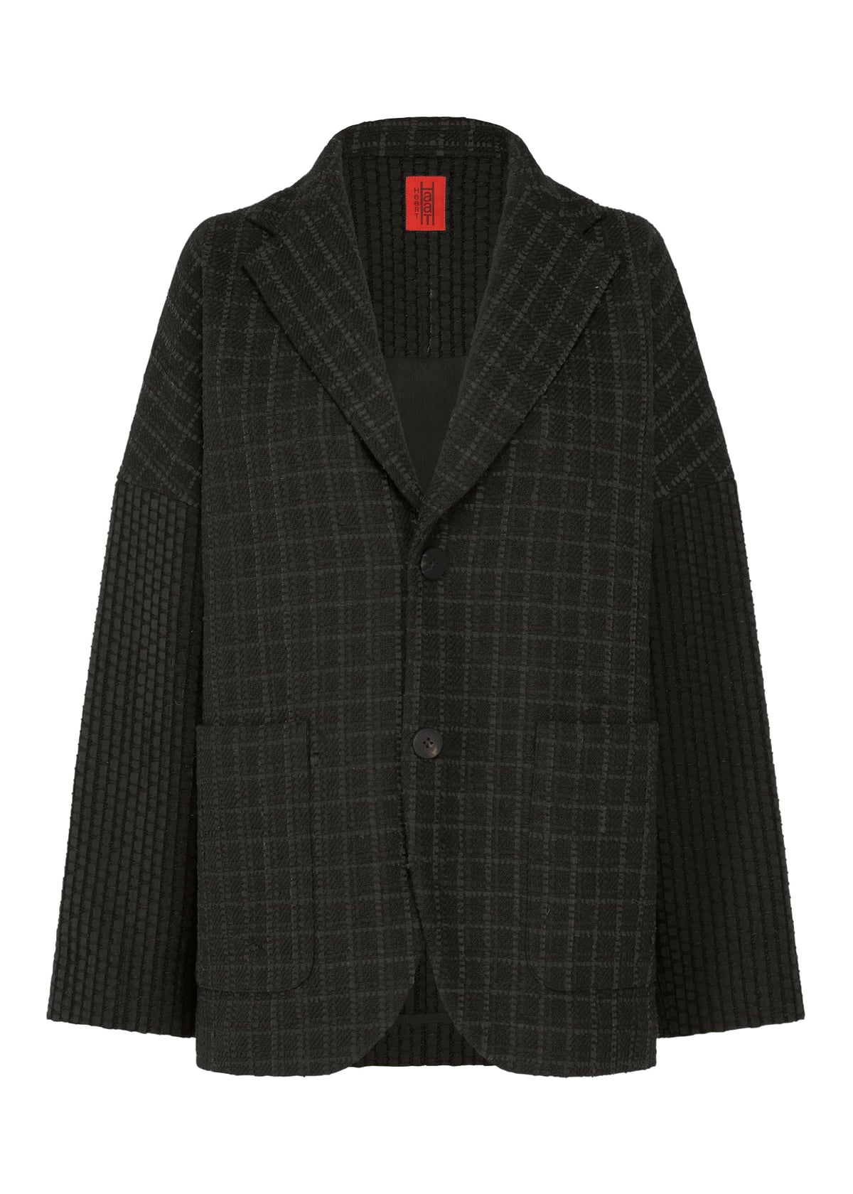 The SAKIORI by HaaT is a black textured blazer with a subtle check, traditional weaving-inspired, featuring two front pockets, long sleeves, notched lapel, and a visible red label inside the collar. view 2 of 10