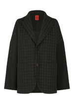 The SAKIORI by HaaT is a black textured blazer with a subtle check, traditional weaving-inspired, featuring two front pockets, long sleeves, notched lapel, and a visible red label inside the collar. - BLACK （no.15）