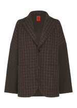The SAKIORI by HaaT is a brown checked blazer with wide sleeves, front pockets, two black buttons, textured patterns inspired by traditional weaving, and a red label inside the collar. Gender neutral design. - BROWN （no.44）