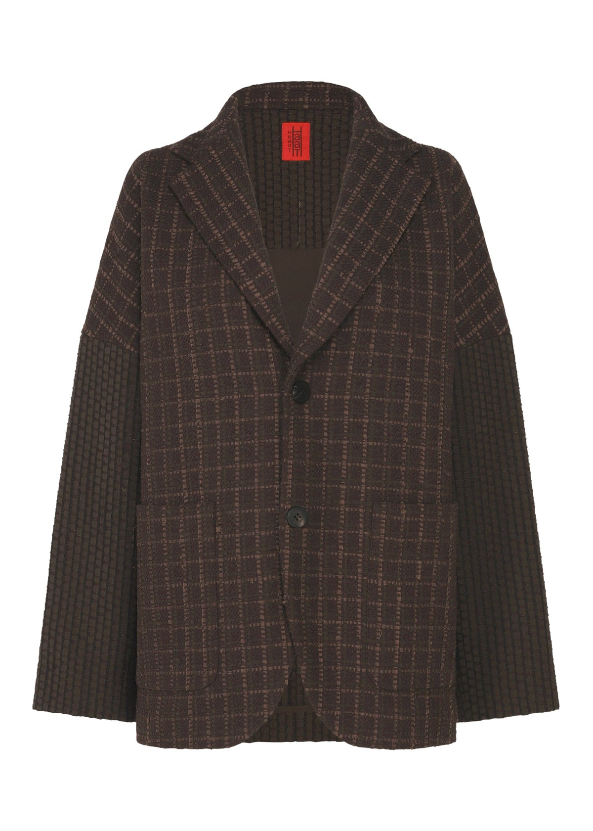 Zoomed view The SAKIORI by HaaT is a brown checked blazer with wide sleeves, front pockets, two black buttons, textured patterns inspired by traditional weaving, and a red label inside the collar. Gender neutral design. - BROWN （no.44）
