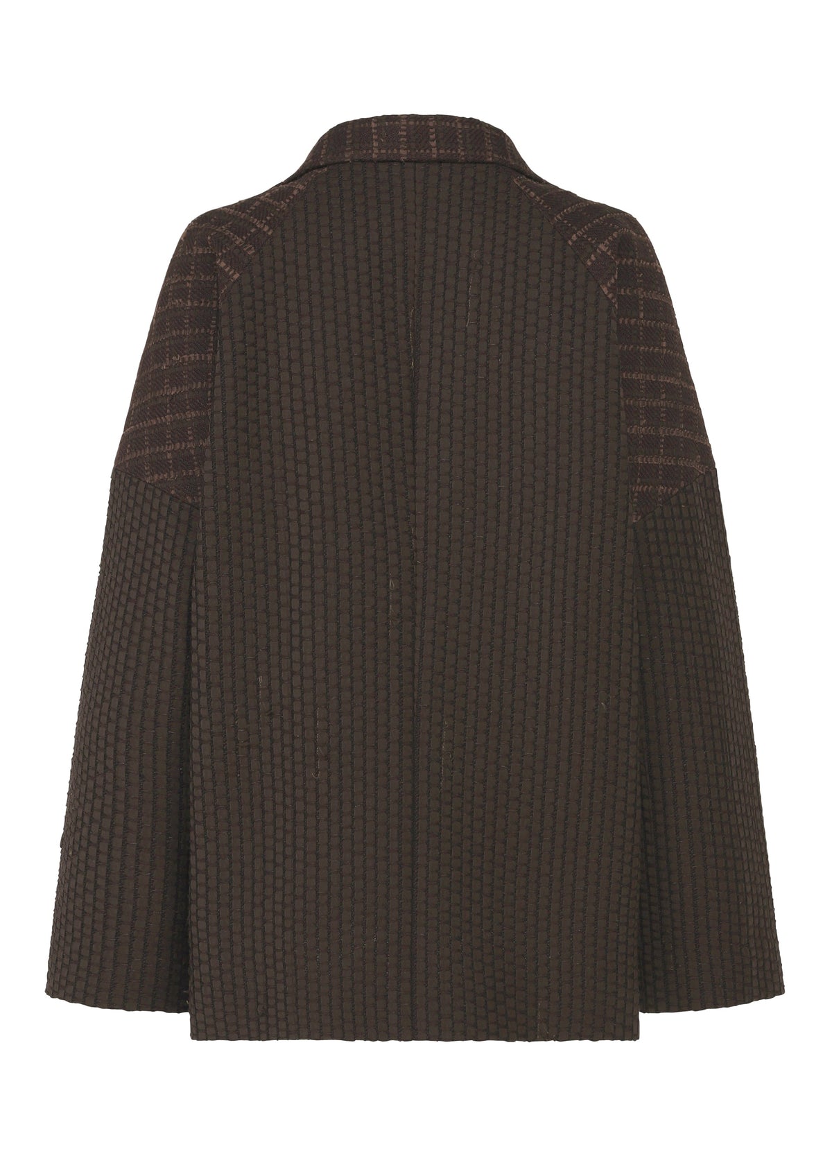 The SAKIORI jacket by HaaT in dark brown is shown from the back, featuring wide straight sleeves, a visible collar, and a subtle grid pattern thanks to traditional weaving for a loose, gender-neutral fit. view 4 of 10