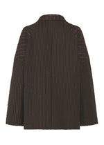 The SAKIORI jacket by HaaT in dark brown is shown from the back, featuring wide straight sleeves, a visible collar, and a subtle grid pattern thanks to traditional weaving for a loose, gender-neutral fit.