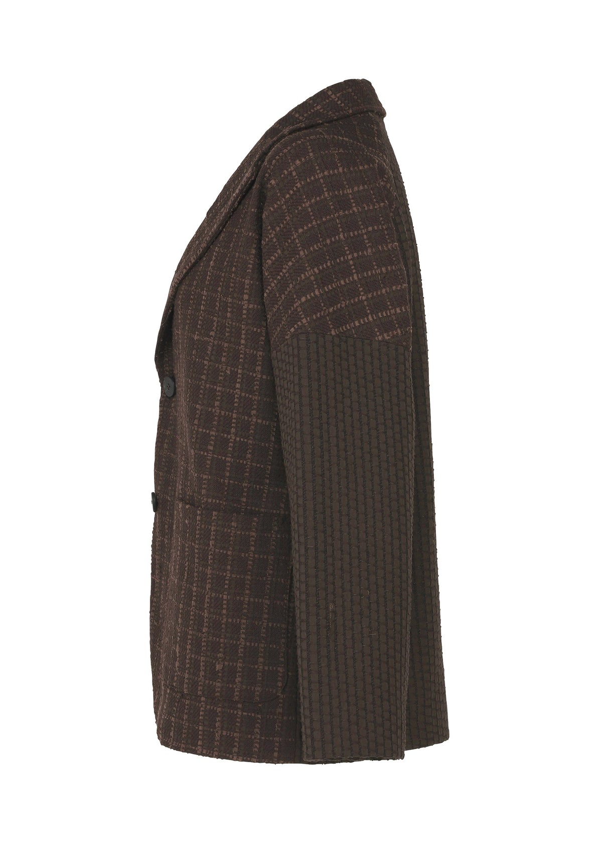 The SAKIORI blazer by HaaT features brown checkered fabric inspired by traditional weaving and contrasting textured sleeves, shown side view on a white background. view 5 of 10