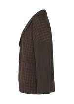 The SAKIORI blazer by HaaT features brown checkered fabric inspired by traditional weaving and contrasting textured sleeves, shown side view on a white background.