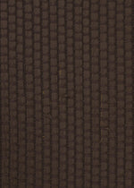 Close-up of SAKIORI by HaaT, a brown textured fabric featuring a vertical and horizontal grid pattern with subtle imperfections in the woven, gender-neutral material.