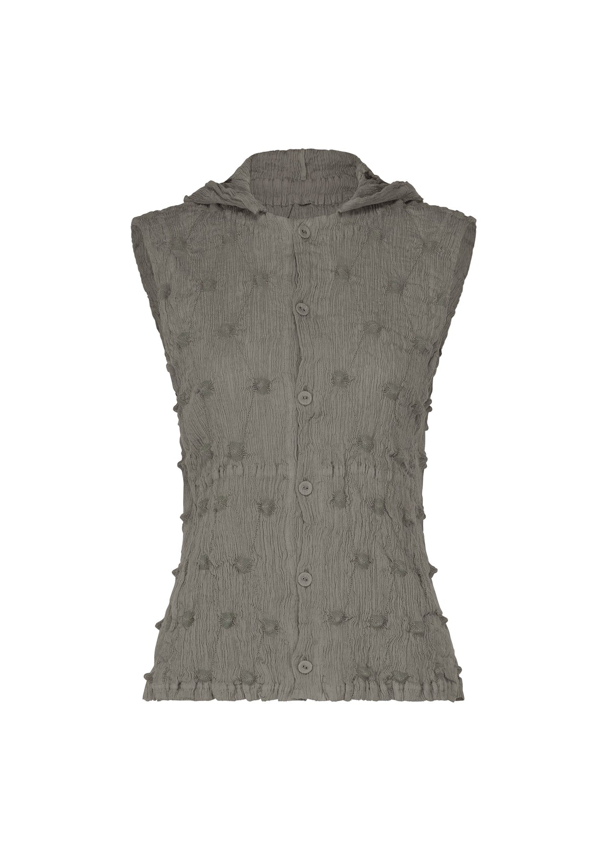 The HaaT KYO CHIJIMI SQUARE EMB is a sleeveless, textured gray vest with a subtle polka-dot and embroidered square pattern, front buttons, and a small hood in the signature KYO CHIJIMI style, shown against a white background. view 1 of 10