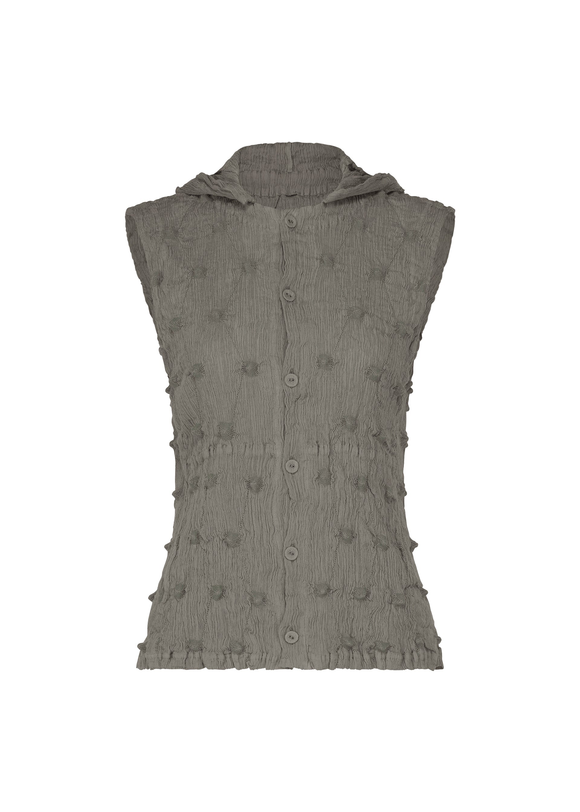 Zoomed view The HaaT KYO CHIJIMI SQUARE EMB is a sleeveless, textured gray vest with a subtle polka-dot and embroidered square pattern, front buttons, and a small hood in the signature KYO CHIJIMI style, shown against a white background. - MIDDLE GRAY （no.11）