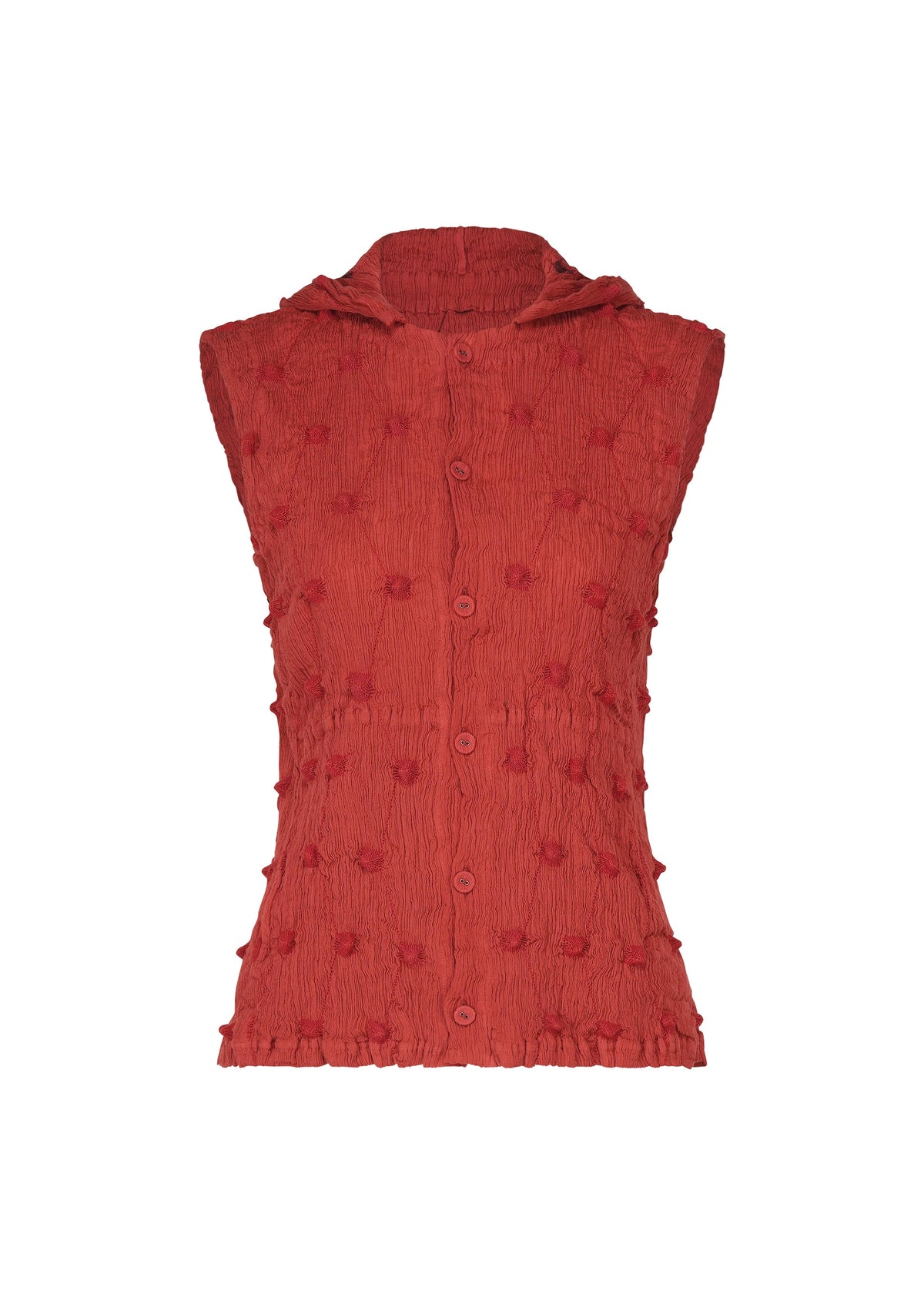 HaaT’s KYO CHIJIMI SQUARE EMB is a sleeveless red button-up hooded vest, crafted from crinkled textured fabric with raised dot details. Displayed against a white background, this piece draws inspiration from KYO CHIJIMI craftsmanship and features an embroidered square pattern for added visual interest. view 2 of 10
