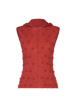 HaaT’s KYO CHIJIMI SQUARE EMB is a sleeveless red button-up hooded vest, crafted from crinkled textured fabric with raised dot details. Displayed against a white background, this piece draws inspiration from KYO CHIJIMI craftsmanship and features an embroidered square pattern for added visual interest. - RED （no.24）
