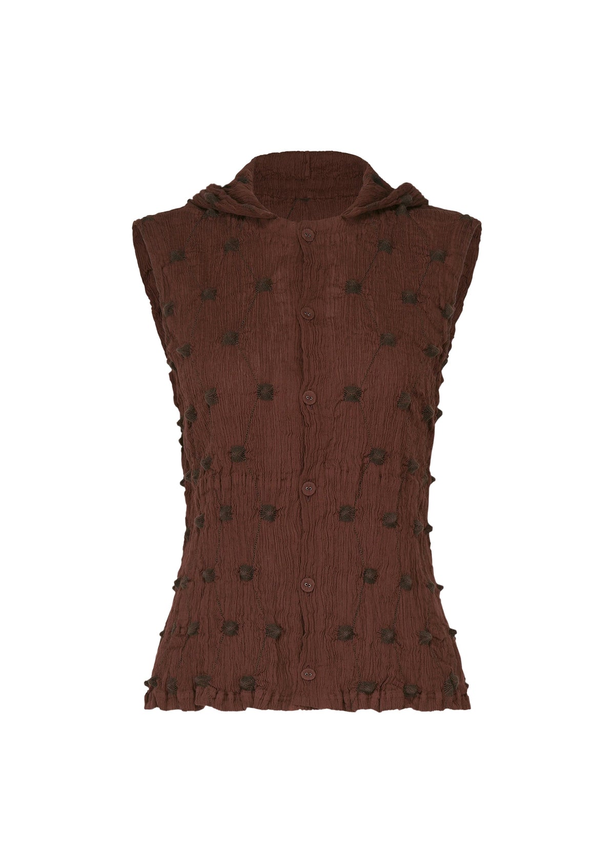 The HaaT KYO CHIJIMI SQUARE EMB is a sleeveless brown textured top with an embroidered square pattern inspired by KYO CHIJIMI craftsmanship, small tufted dot details, a button-down front, and a subtle collar, shown on a white background. view 3 of 10