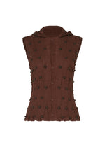 The HaaT KYO CHIJIMI SQUARE EMB is a sleeveless brown textured top with an embroidered square pattern inspired by KYO CHIJIMI craftsmanship, small tufted dot details, a button-down front, and a subtle collar, shown on a white background. - BORDEAUX （no.84）