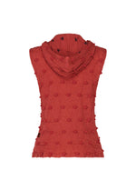 Sleeveless red vest by HaaT, shown from the back against a white background, featuring raised dot accents and a subtle embroidered square pattern. The KYO CHIJIMI SQUARE EMB is inspired by traditional KYO CHIJIMI craftsmanship.