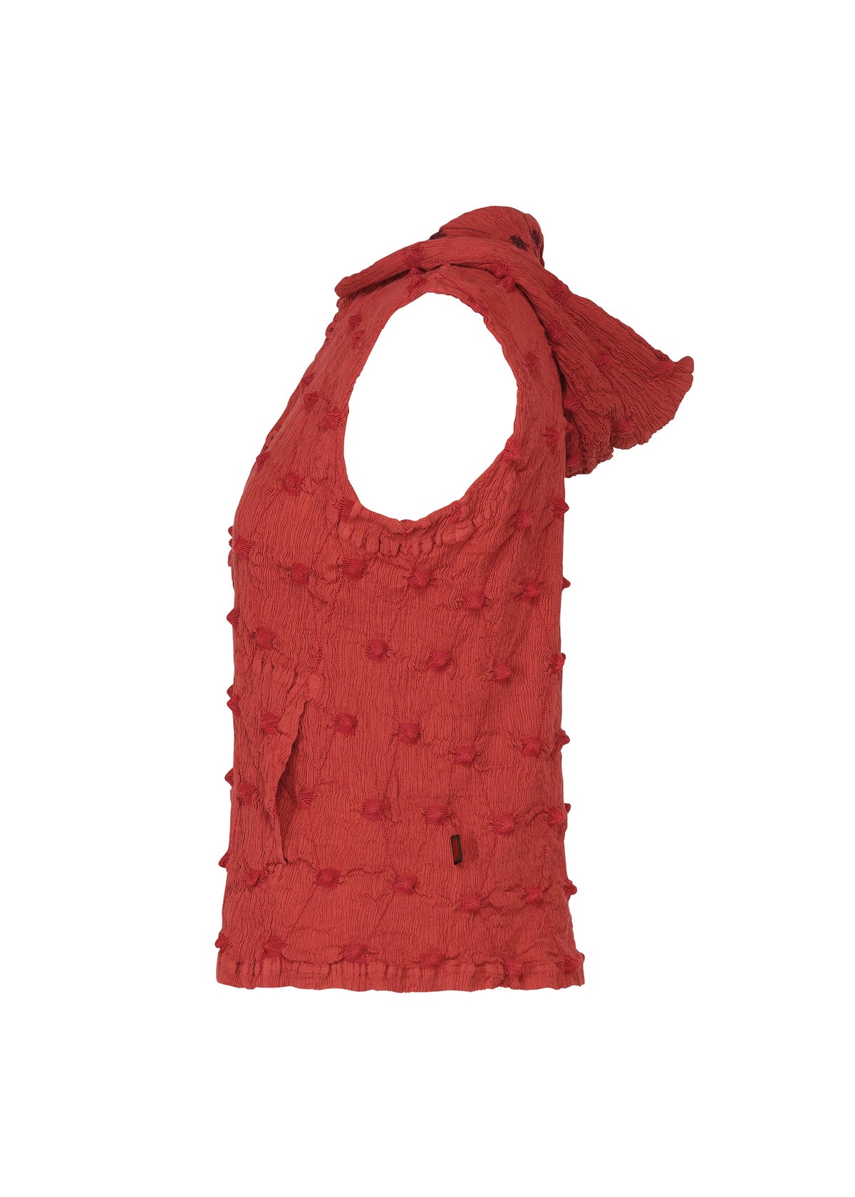 Side view of the HaaT KYO CHIJIMI SQUARE EMB sleeveless red top, featuring raised dot embroidery, a large bow or knot at the neckline, and crafted from crinkled KYO CHIJIMI fabric. view 5 of 10