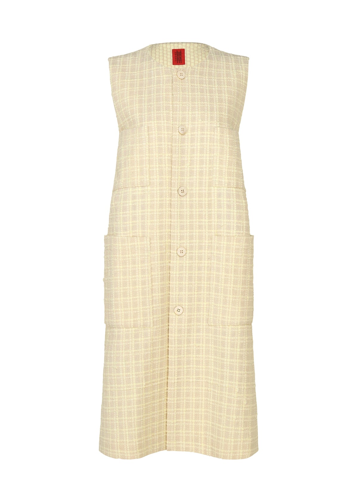 Sleeveless beige plaid SAKIORI dress by HaaT, featuring large front buttons and two oversized pockets, inspired by traditional weaving techniques. Displayed against a white background. view 1 of 10