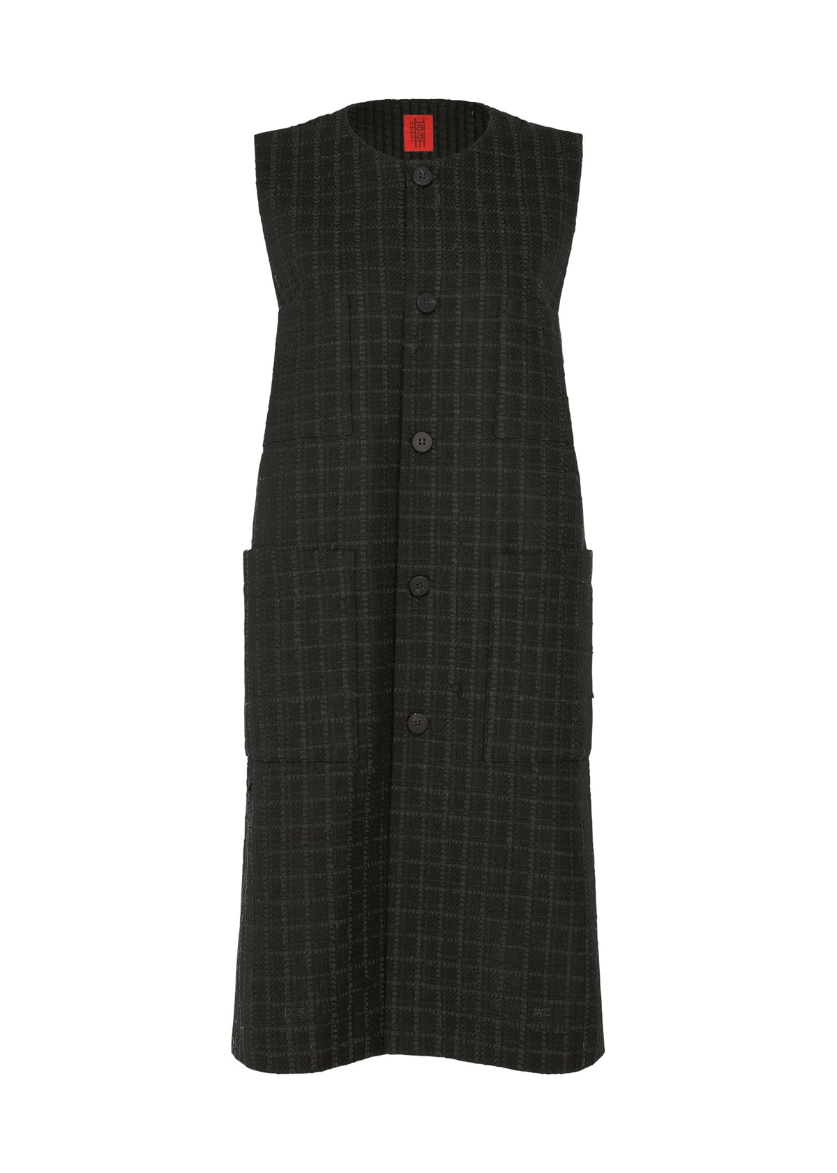 The SAKIORI by HaaT is a sleeveless, knee-length black dress featuring a subtle checkered weave, front buttons, and large side patch pockets. view 2 of 10