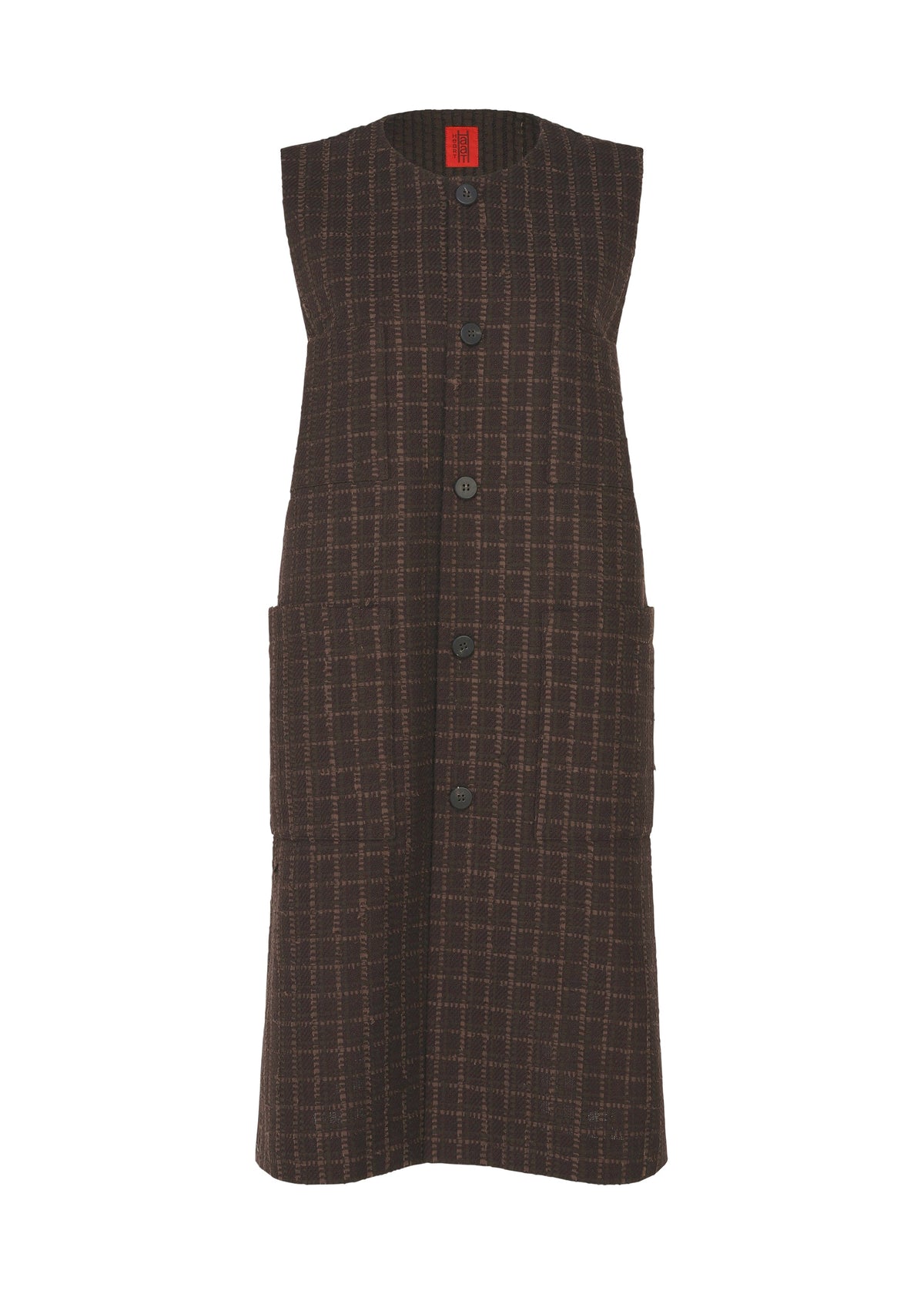 The SAKIORI by HaaT is a sleeveless brown plaid dress with front buttons and two large pockets, inspired by traditional Sakiori weaving, shown on a white background. view 3 of 10
