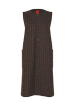 The SAKIORI by HaaT is a sleeveless brown plaid dress with front buttons and two large pockets, inspired by traditional Sakiori weaving, shown on a white background. - BROWN （no.44）