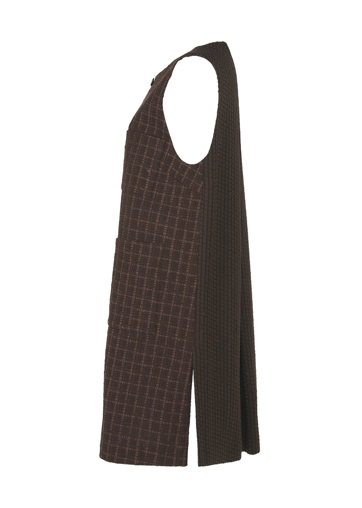 Zoomed view The SAKIORI dress by HaaT is sleeveless and knee-length, with a brown checkered front inspired by traditional weaving and a solid textured dark brown back featuring a split detail.