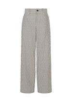 The RIPPLE STRIPE pants by HaaT are high-waisted, wide-leg seersucker trousers showcasing a chic thin black and white vertical stripe pattern. They feature belt loops, side pockets, and a front button with zipper closure. - WHITE （no.01）