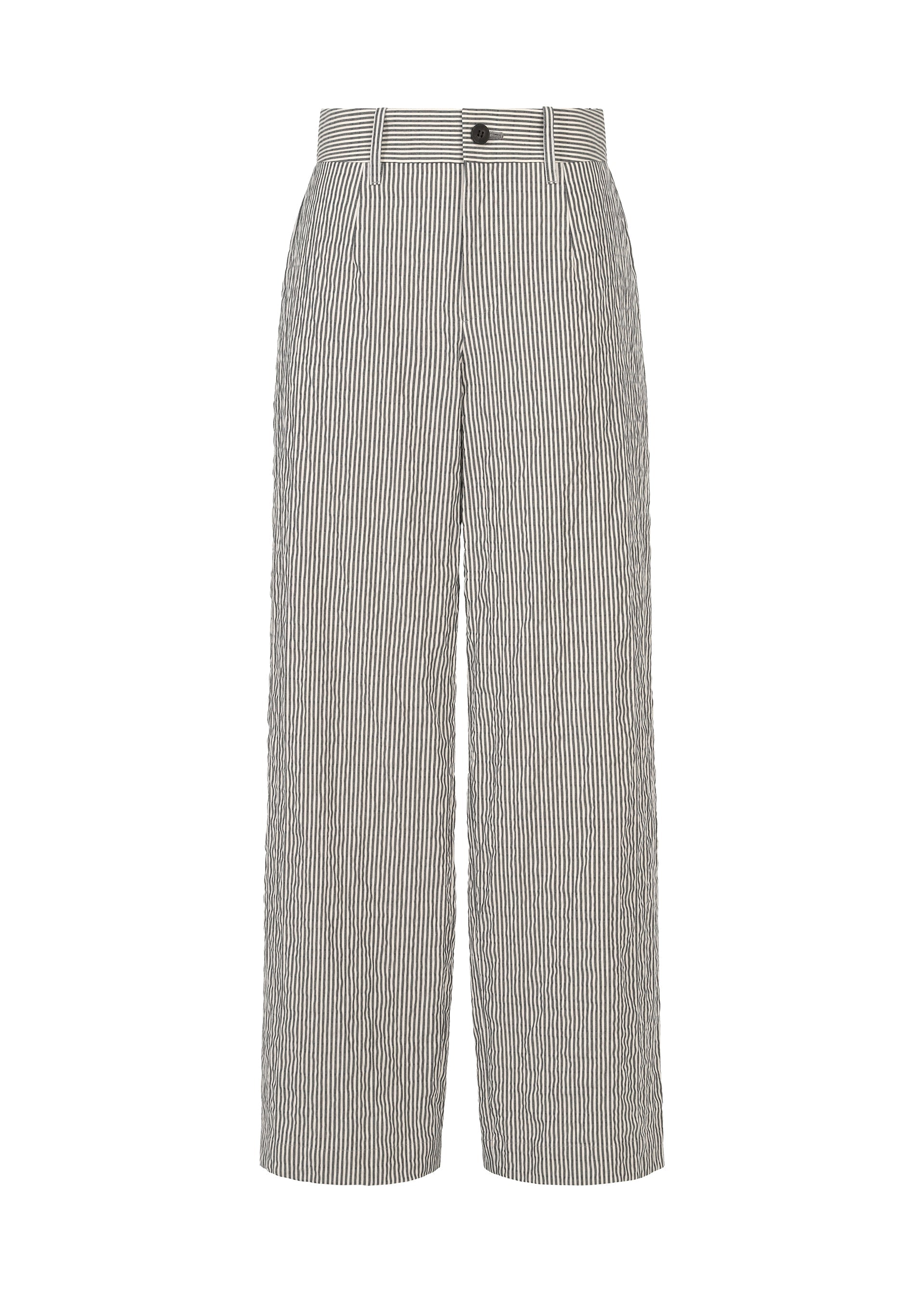 Zoomed view The RIPPLE STRIPE pants by HaaT are high-waisted, wide-leg seersucker trousers showcasing a chic thin black and white vertical stripe pattern. They feature belt loops, side pockets, and a front button with zipper closure. - WHITE （no.01）