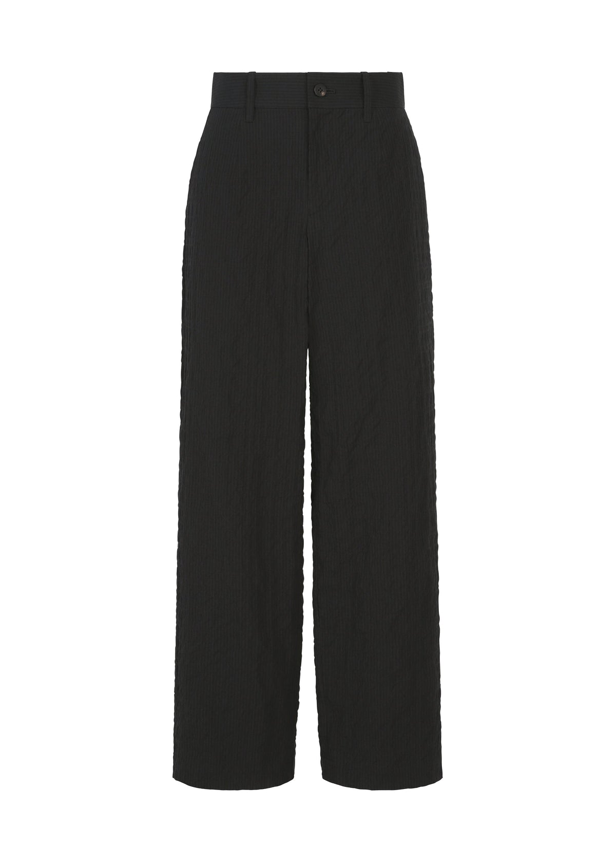 Introducing the RIPPLE STRIPE pants by HaaT—these black high-waisted, wide-leg seersucker trousers feature a button and zip closure at the waistband, complete with belt loops and a straight silhouette. Crafted from textured fabric with a subtle striped pattern, they are designed without visible pockets or embellishments for a clean, modern look. view 2 of 8