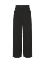 Introducing the RIPPLE STRIPE pants by HaaT—these black high-waisted, wide-leg seersucker trousers feature a button and zip closure at the waistband, complete with belt loops and a straight silhouette. Crafted from textured fabric with a subtle striped pattern, they are designed without visible pockets or embellishments for a clean, modern look. - BLACK （no.15）