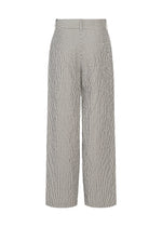 The RIPPLE STRIPE pants by HaaT are black and white vertically striped seersucker trousers, shown from the back, featuring a high waist, center seam with concealed zipper, and a distinctive striped pattern.
