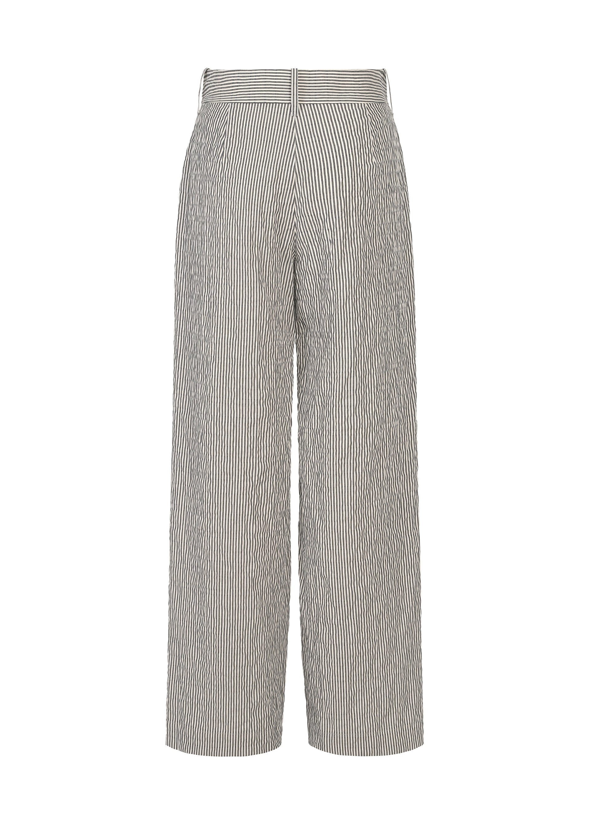 Zoomed view The RIPPLE STRIPE pants by HaaT are black and white vertically striped seersucker trousers, shown from the back, featuring a high waist, center seam with concealed zipper, and a distinctive striped pattern.