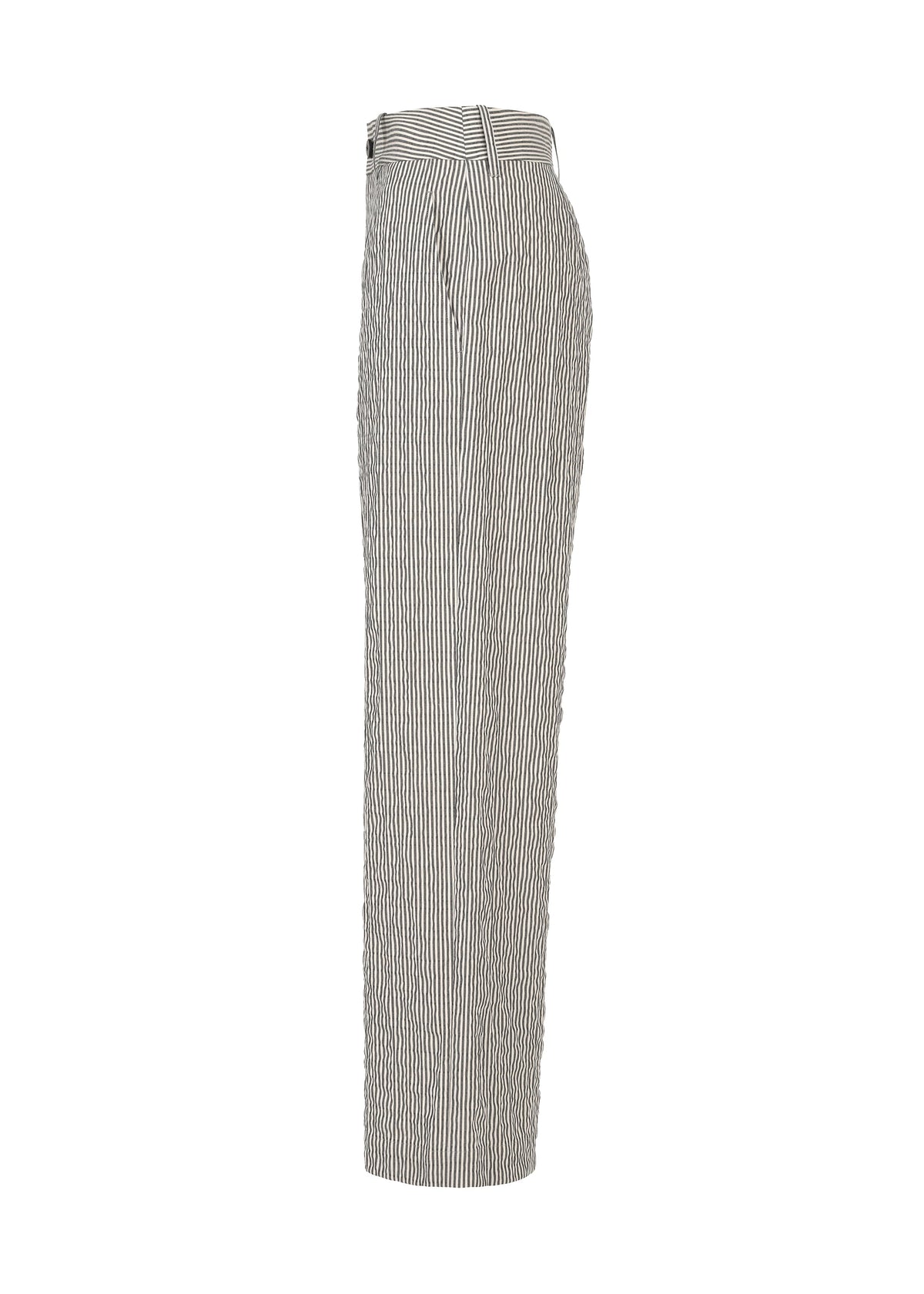 Side view of HaaT’s RIPPLE STRIPE high-waisted, straight-leg seersucker pants featuring thin black and white vertical stripes, a button and zipper closure, and belt loops. view 4 of 8
